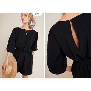 Anthropologie Francesca Balloon Sleeve Romper Womens S Black Tie Waist Boho Chic